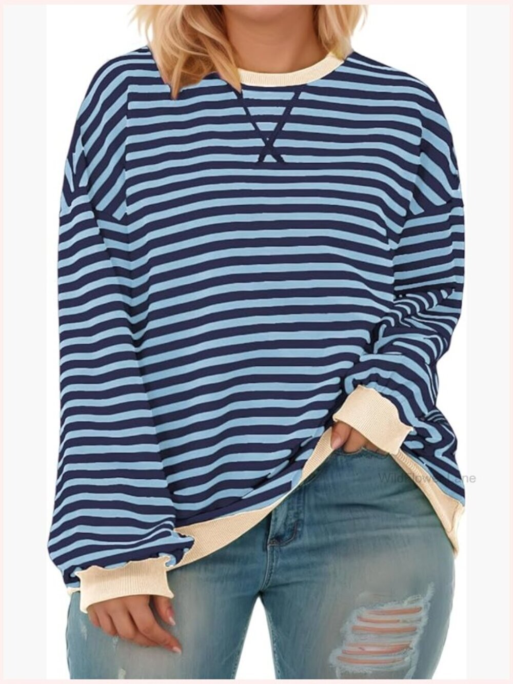 Plus Size Oversized Striped Colorblock Long Sleeve Crewneck Pullover Sweater